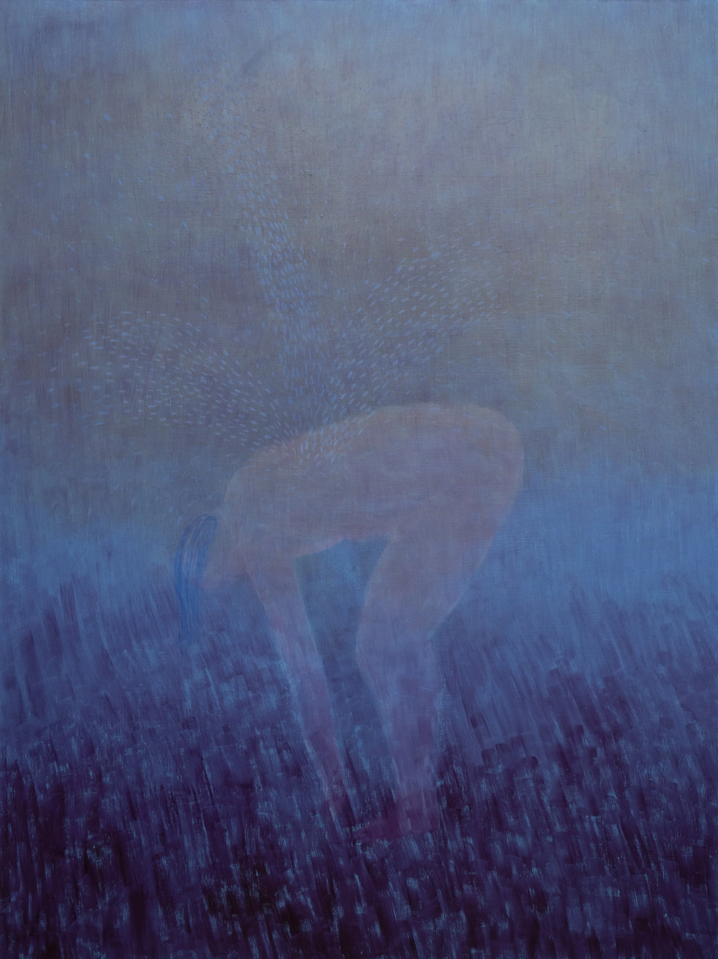 A holographic and abstract painting of a bird in shades of blue and purple, with the bird's wings spread, blending into a textured background.