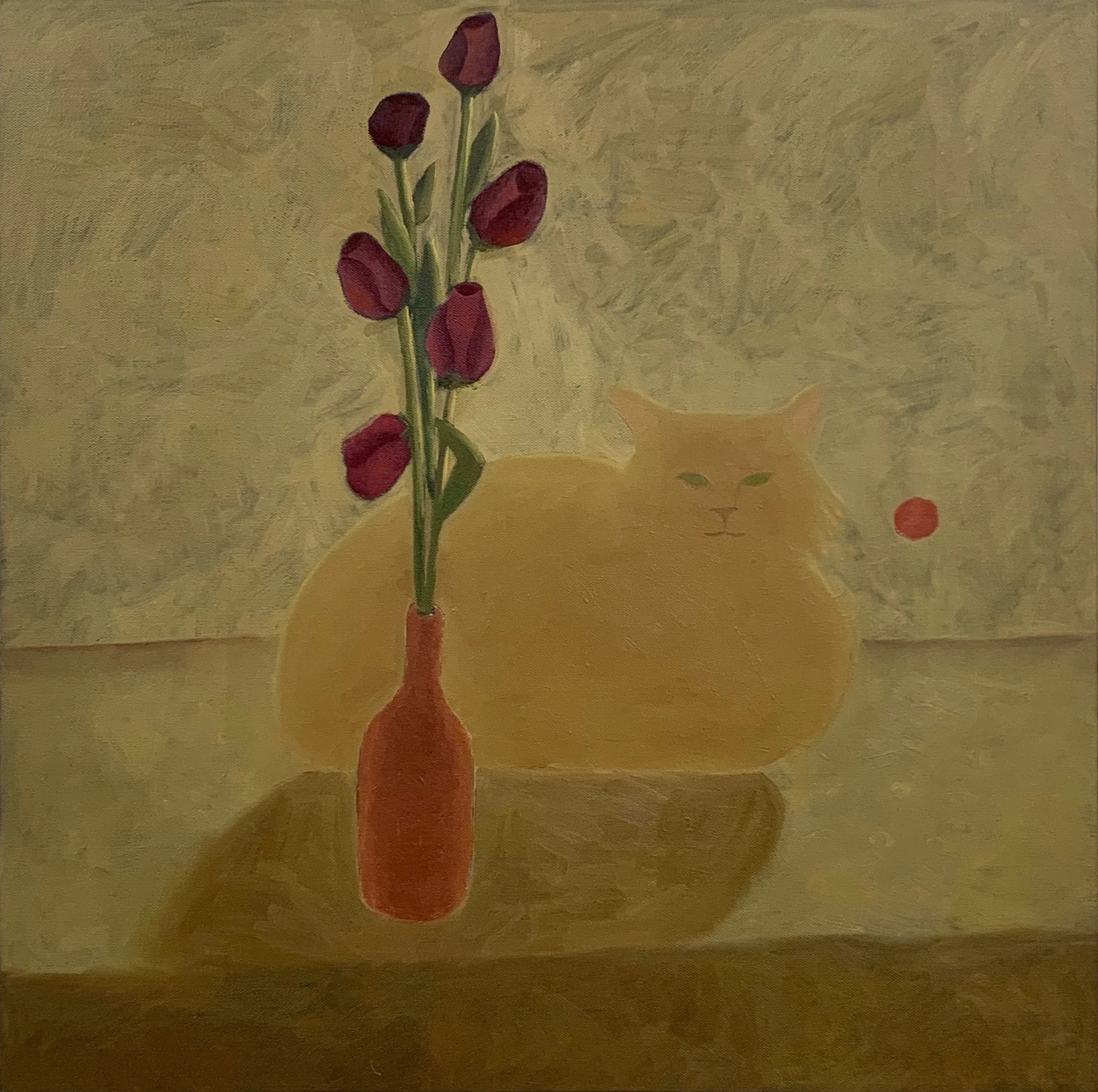 Painting of a yellow cat with green eyes sitting behind a table. There is an orange-red vase with a stem of flowers with dark pink blossoms on the table. A small red circle representing the sun is floating near the cat.
