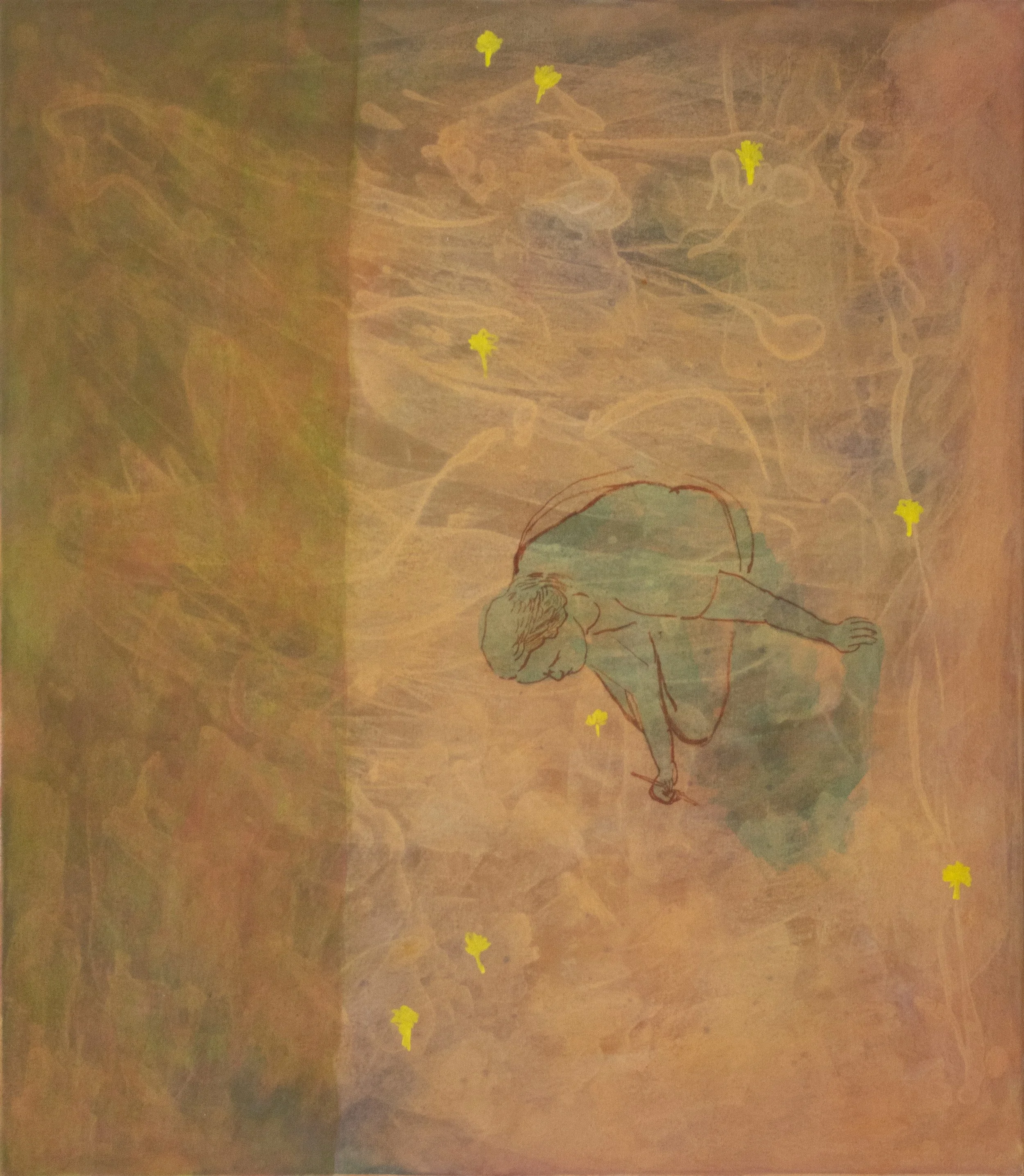 A sketch of a young boy crouching down, surrounded by yellow leaves on a blended, abstract background.