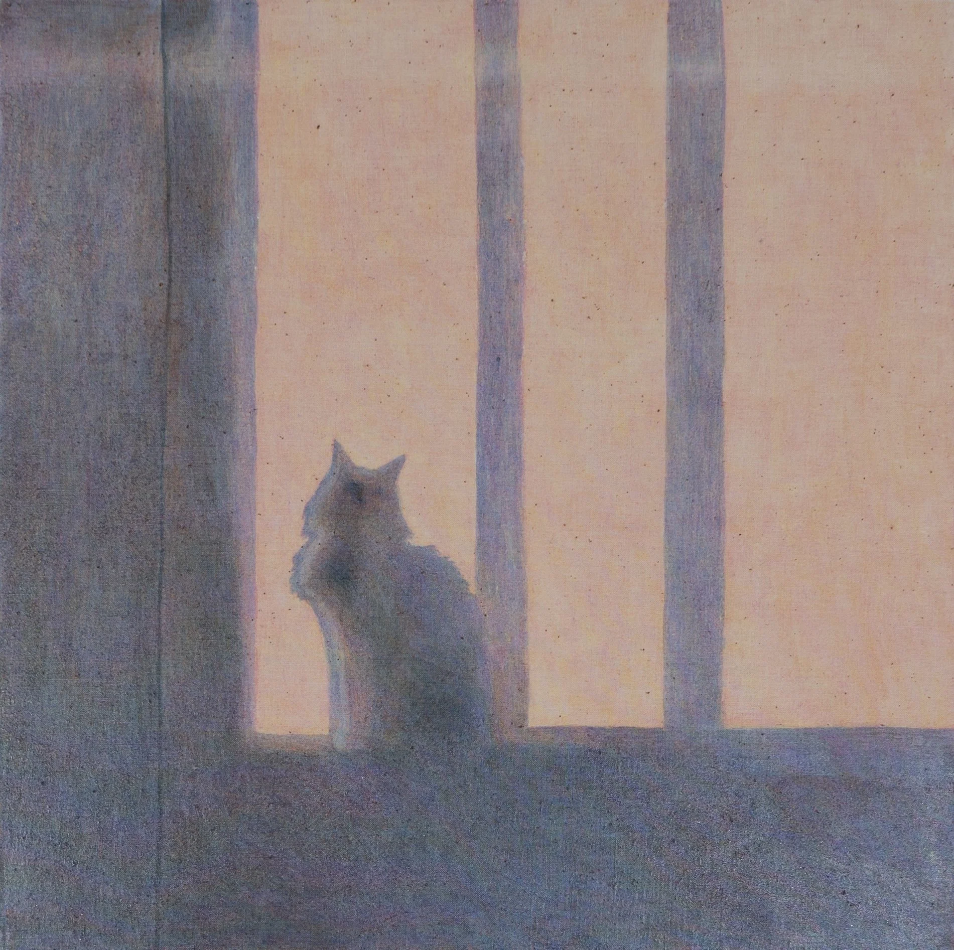 A painting of a cat sitting on a windowsill, looking outside at a bright sunset or dawn, with vertical blue bars of the window frame visible.