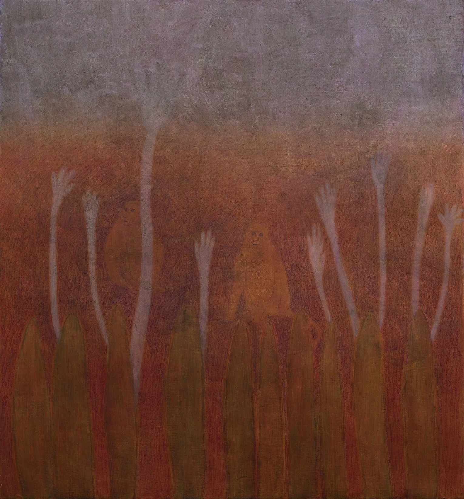 A painting with abstract figures in a reddish-brown landscape, some with faces, raising their arms in the air.