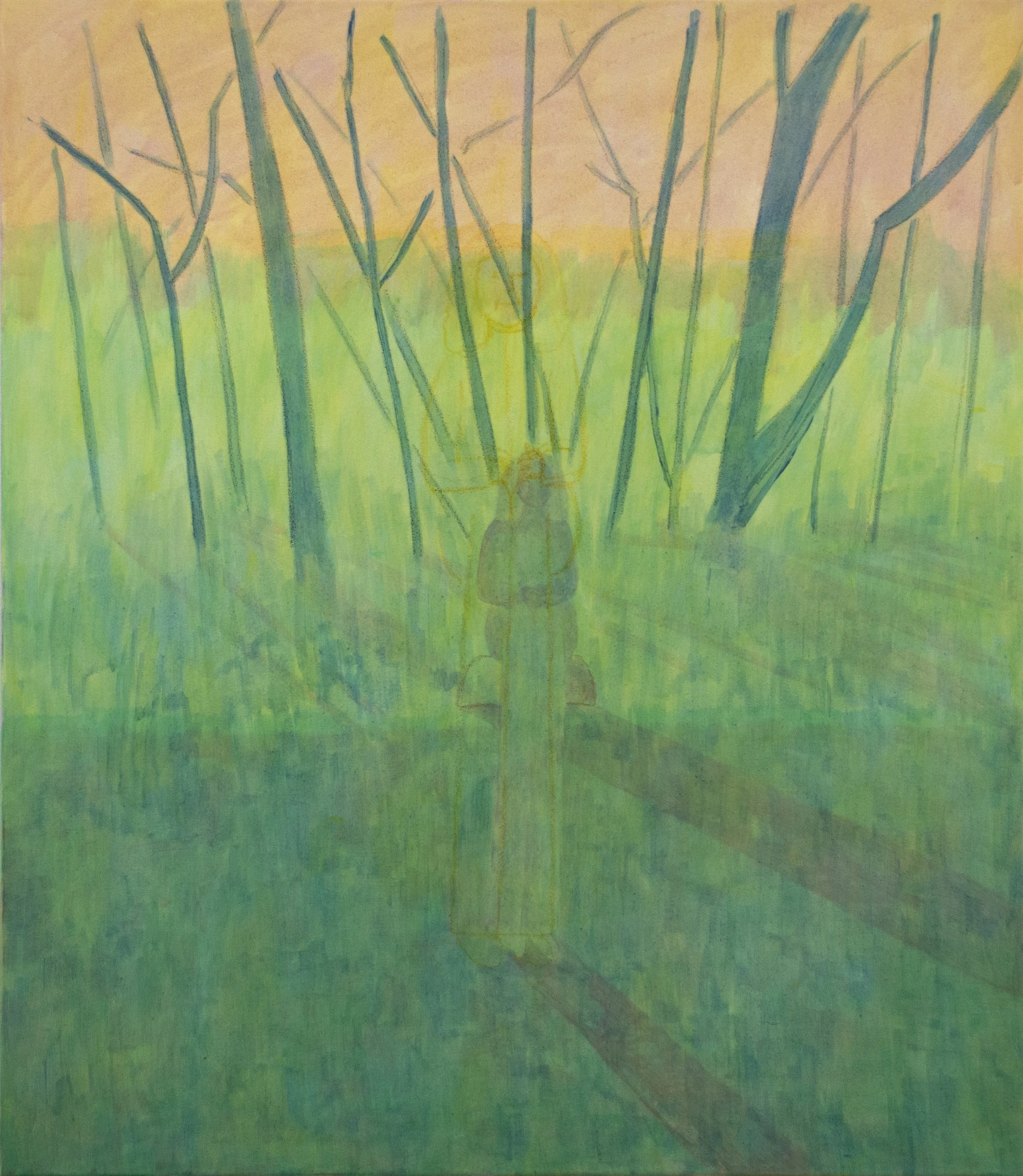 Abstract acrylic painting of bare tree branches and a figure standing amidst greenery, with soft pastel tones of yellow, green, and pink.