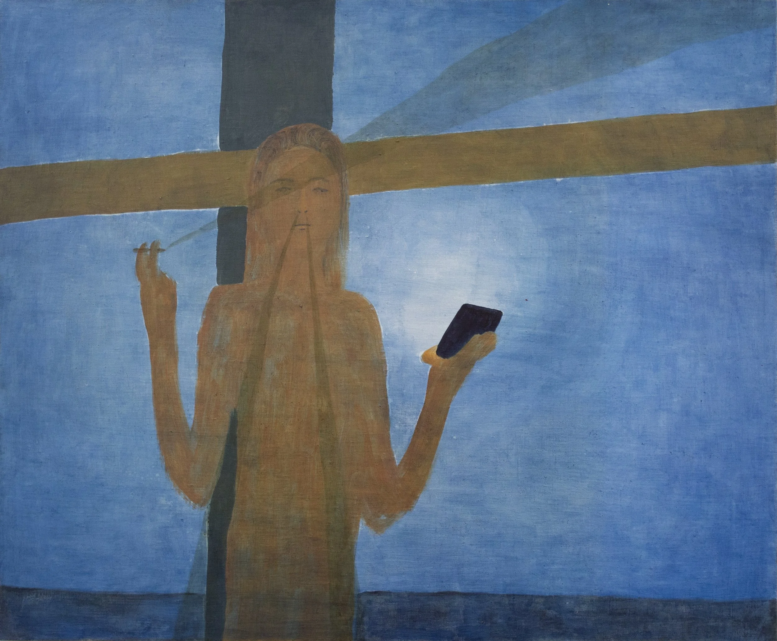 An abstract painting of a woman with long hair, holding a cellphone in her right hand and a cigarette in her left, standing in front of a blue background.