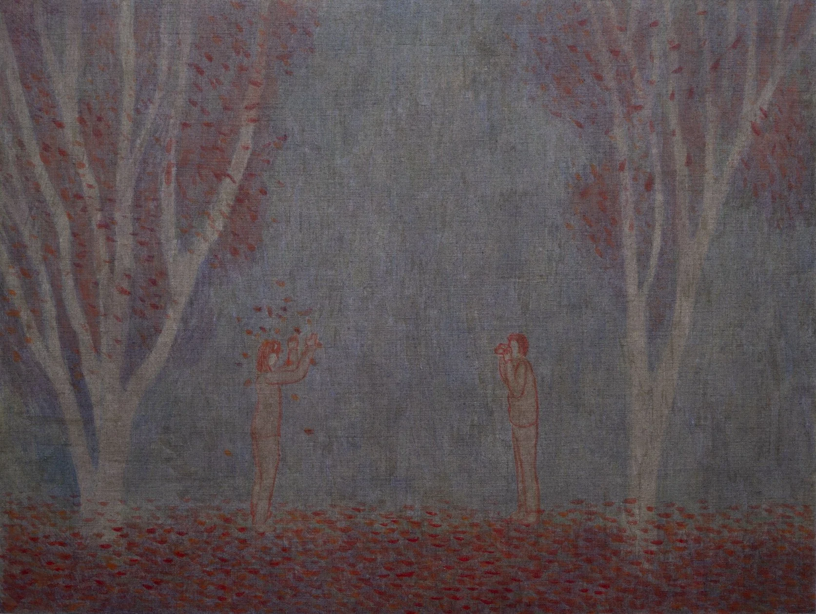 A painting depicting two human figures among trees with red and purple leaves. One figure on the left appears to be holding or viewing an object, while the other on the right is covering their ears or face. The ground is covered with fallen leaves.
