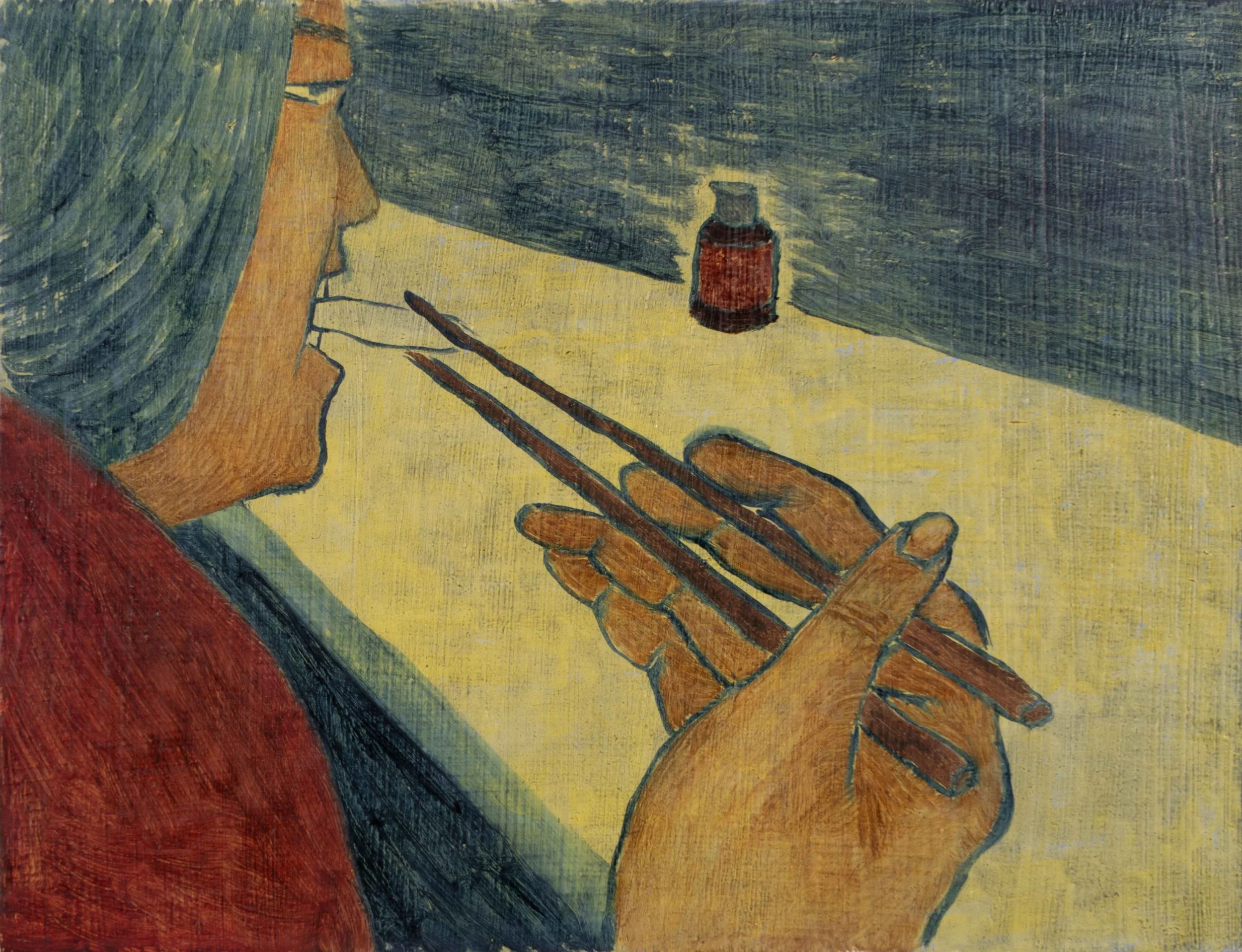 A painting of a person sitting by a long table, eating a piece of food with chopsticks, a bottle of soysauce is sitting on the table. 