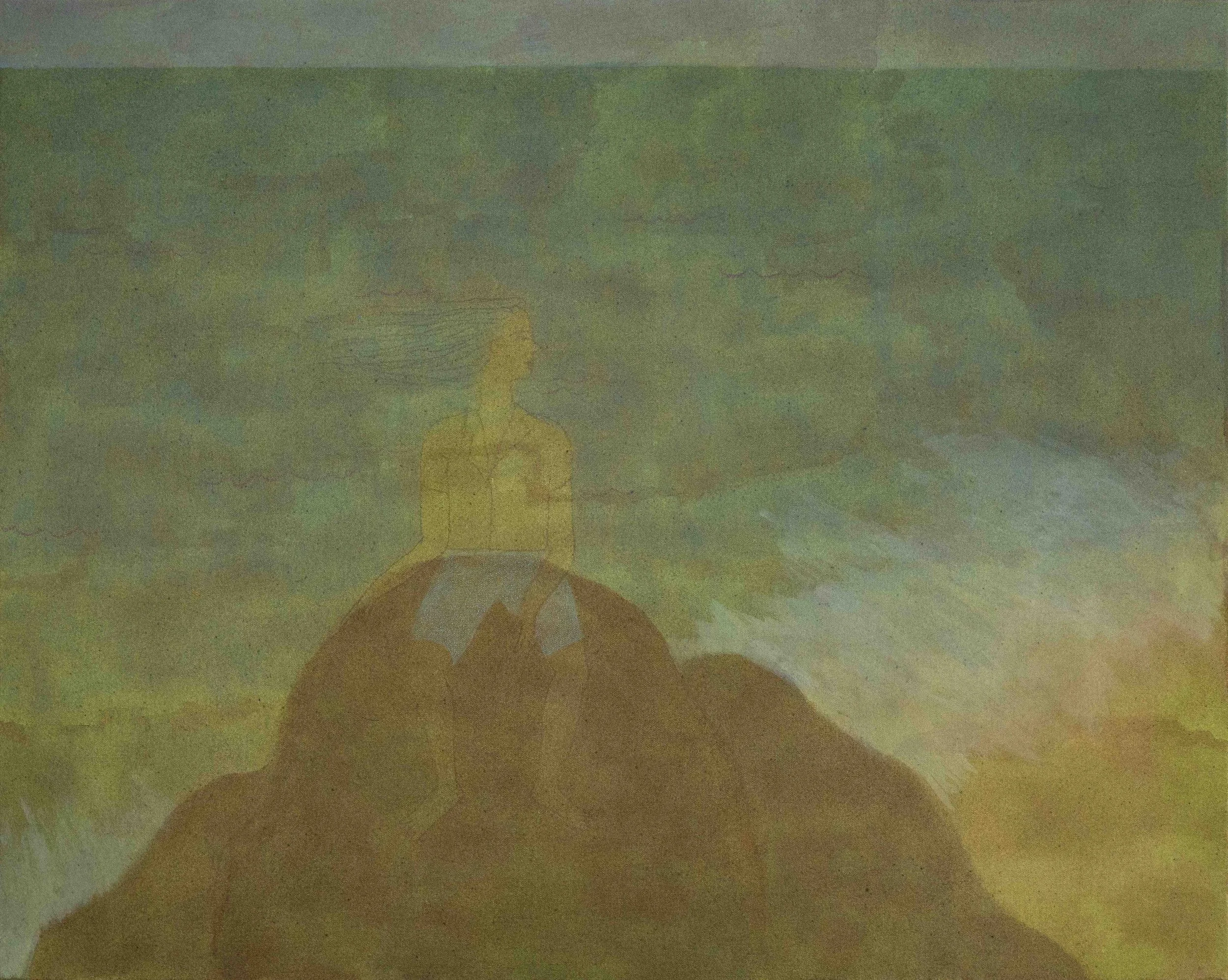 A woman wearing a yellow top and blue jeans sitting on a rock formation, with open fields and a cloudy sky in the background.