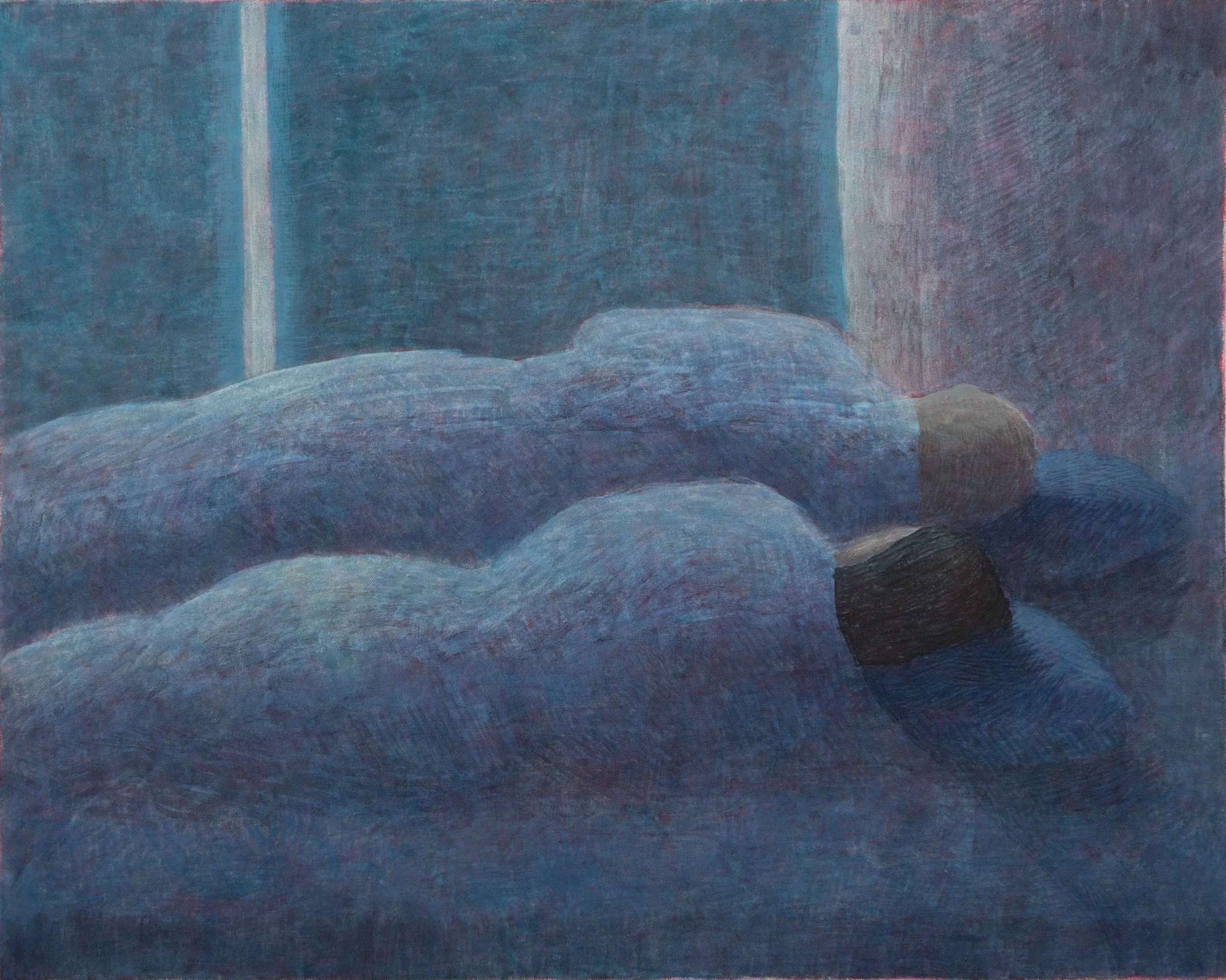 A painting depicting two figures sleeping on a bed, with their backs facing the viewer, light seeps in from around the curtains behind them, the painting is in a subdued blue tone.