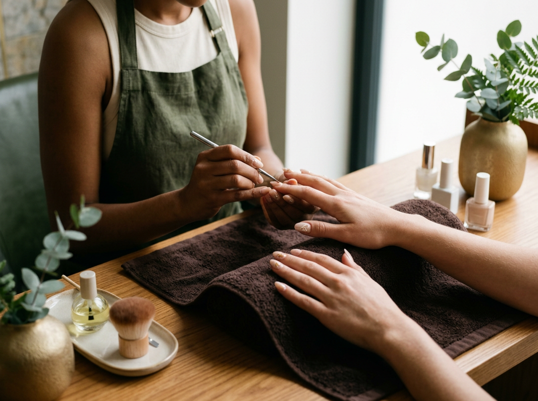 Manicurist applying nail polish to a client's nails at a nail salon table with nail polish bottles, a brush, and decorative plants.