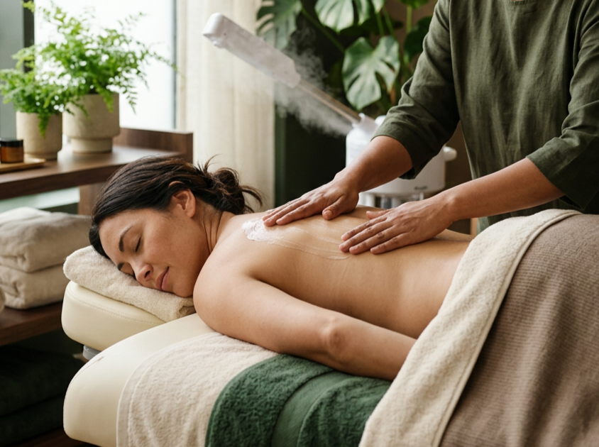 A woman receives a back massage in a spa or massage therapy room, lying face down on a massage table with a towel covering her lower body.