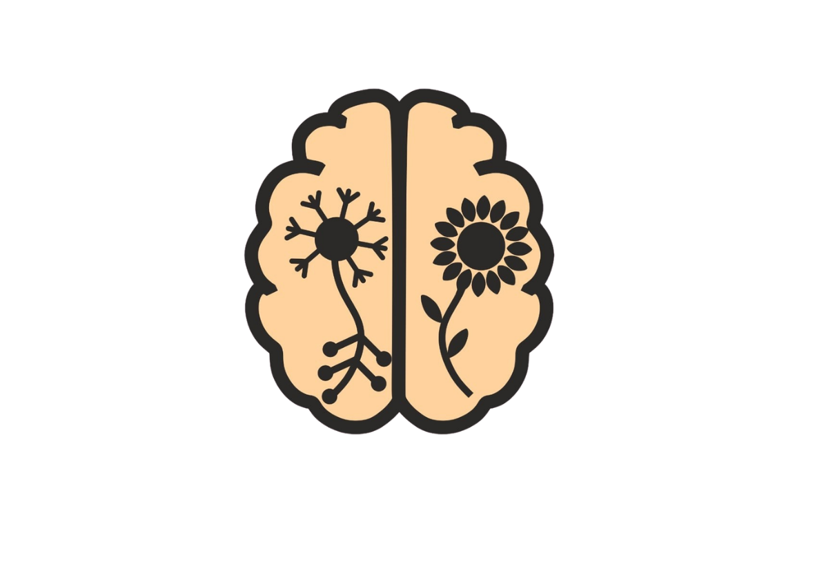 Ilustração de um cérebro dividido ao meio, com um lado representando a mente saudável com uma flor e o outro lado representando a mente afetada por um vírus com uma flor morta.