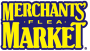 Merchants Flea Market logo with yellow text on a blue background
