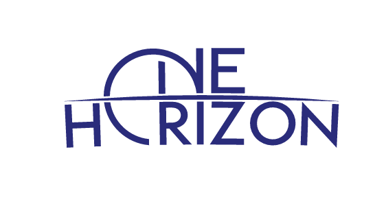 Logo with the words "ONE HORIZON" in blue, with a curved line crossing through the middle.