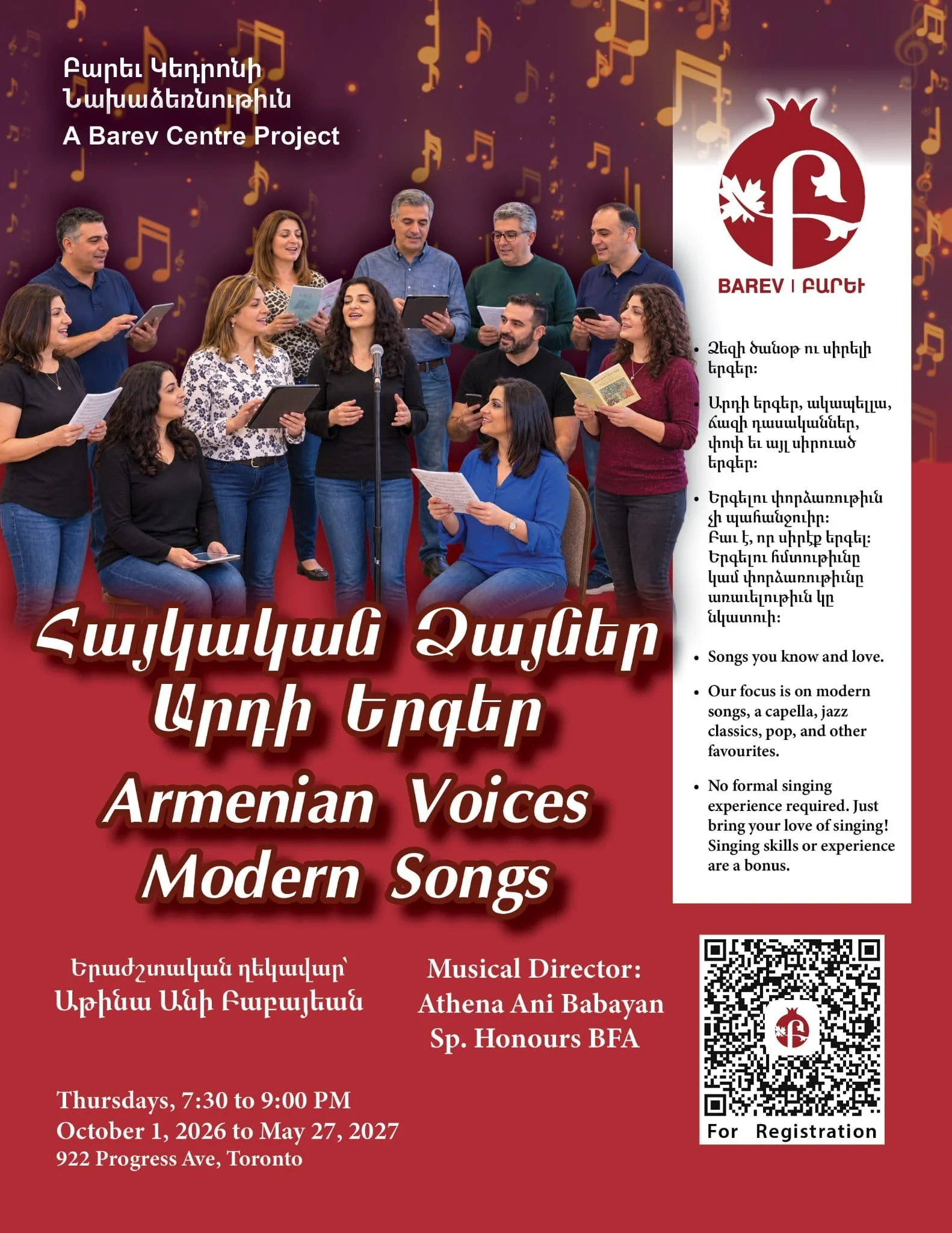 Armenian Voices: Modern Songs flyer — a Barev Centre community choir led by Musical Director Athena Ani Babayan. Thursdays 7:30 to 9:00 p.m., 1 October 2026 to 27 May 2027, at 922 Progress Ave, Toronto. No singing experience needed.