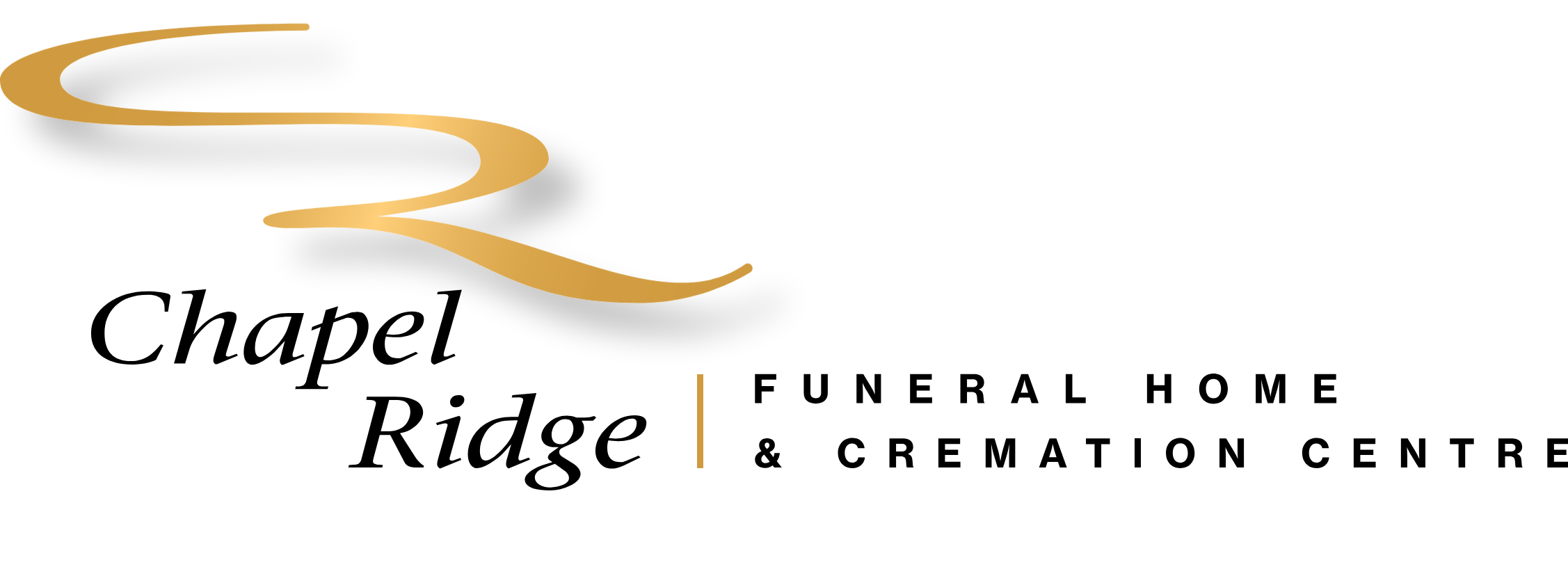 Logo for Chapel Ridge Funeral Home and Cremation Centre, featuring a stylized gold ribbon or flame design and black text.