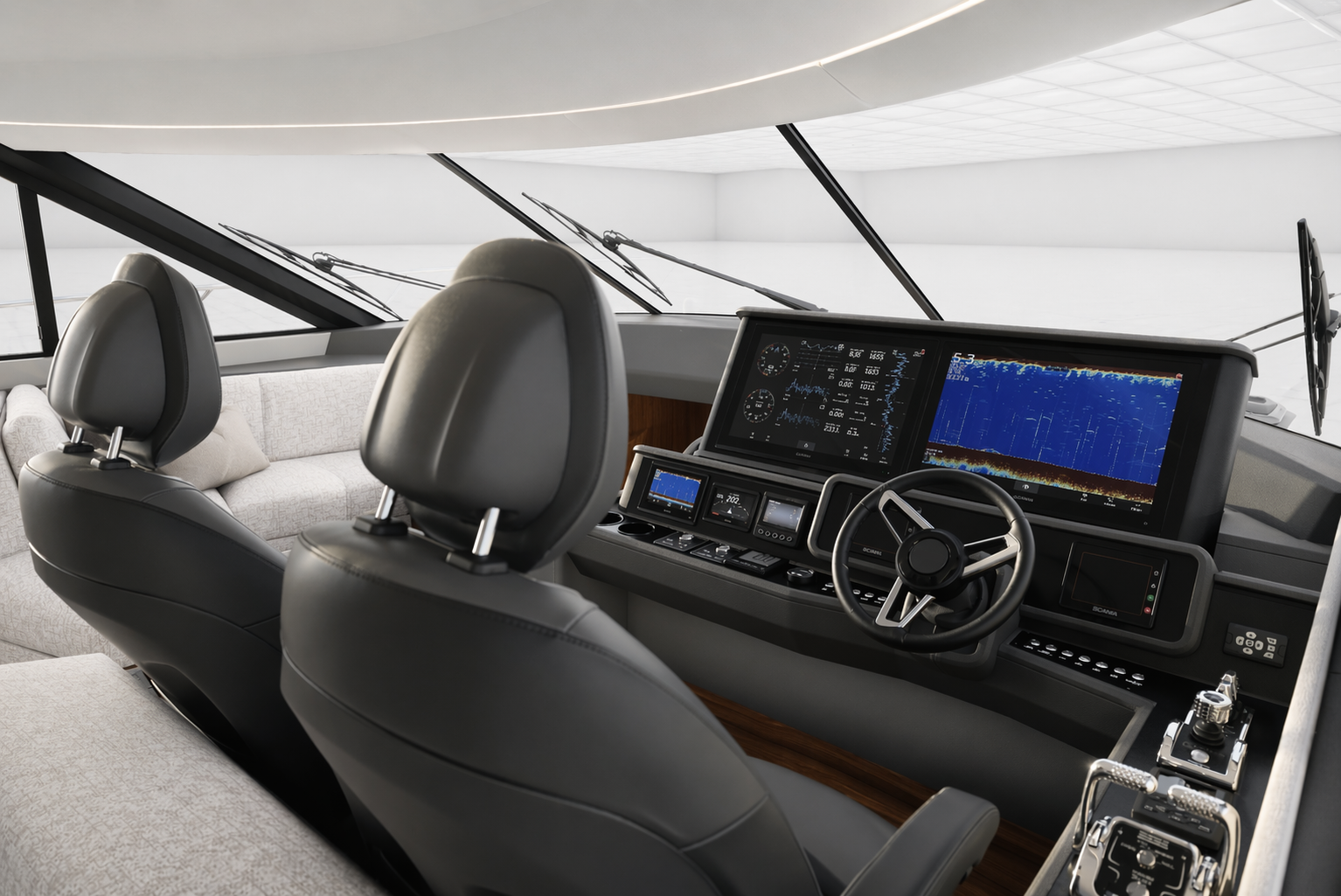 Interior view of a yacht helm station with two leather seats, multiple electronic display screens, and navigation controls.