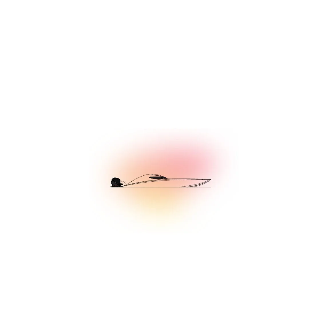 A digital illustration of a sleek, modern speedboat with a black outboard motor, shown in profile against a soft gradient background of pink and cream.