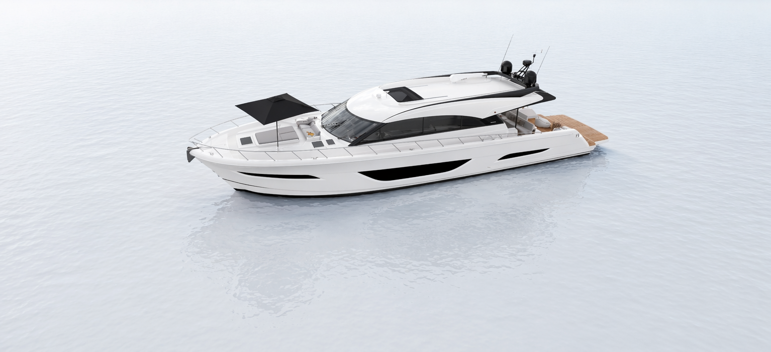 Maritimo luxury motoryacht on calm water, with black-tinted windows and a wooden deck at the stern.