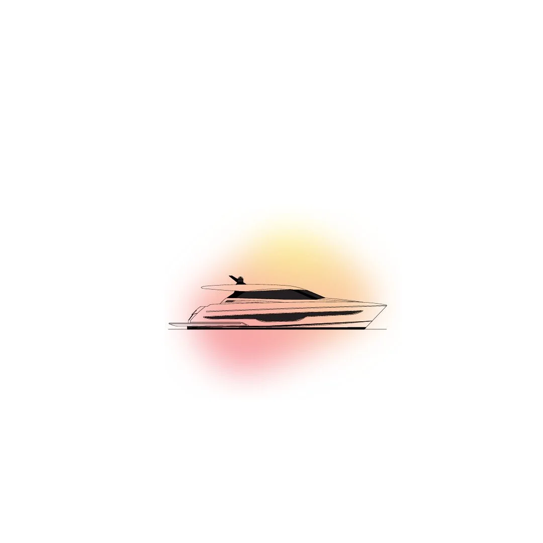 Line drawing of a luxury yacht on water with a soft gradient background.