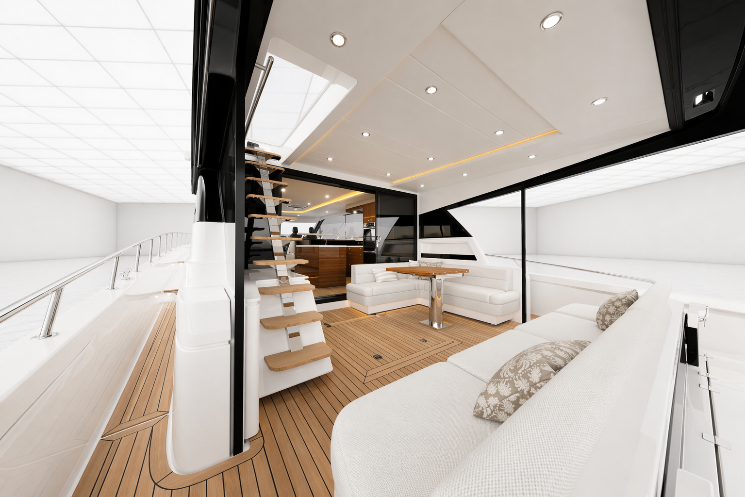 Interior of a luxurious yacht with white sofas, wooden flooring, and staircase leading to upper deck, viewed through a large glass sliding door.