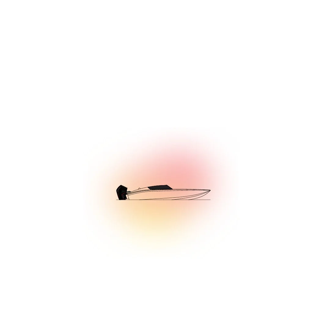 Line drawing of a speedboat with a black cabin and red outboard motor against a soft pink and yellow gradient background.