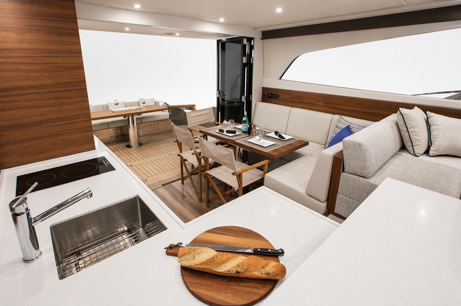 Interior of a yacht with a kitchen area featuring a white countertop and a loaf of bread on a wooden cutting board, a dining table set with plates, glasses, and a water bottle, and a sitting area with a sofa and pillows. There is a small outdoor deck with a dining table and chairs visible through a sliding door.