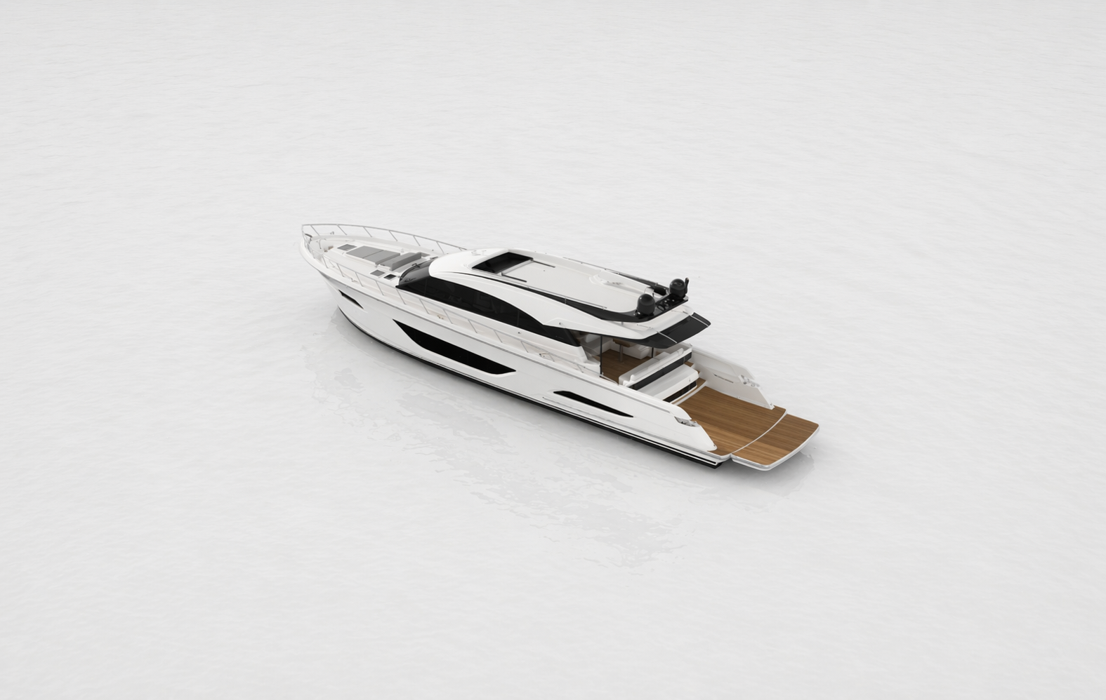 Maritimo luxury motoryacht floating on calm water with a wooden deck at the stern.