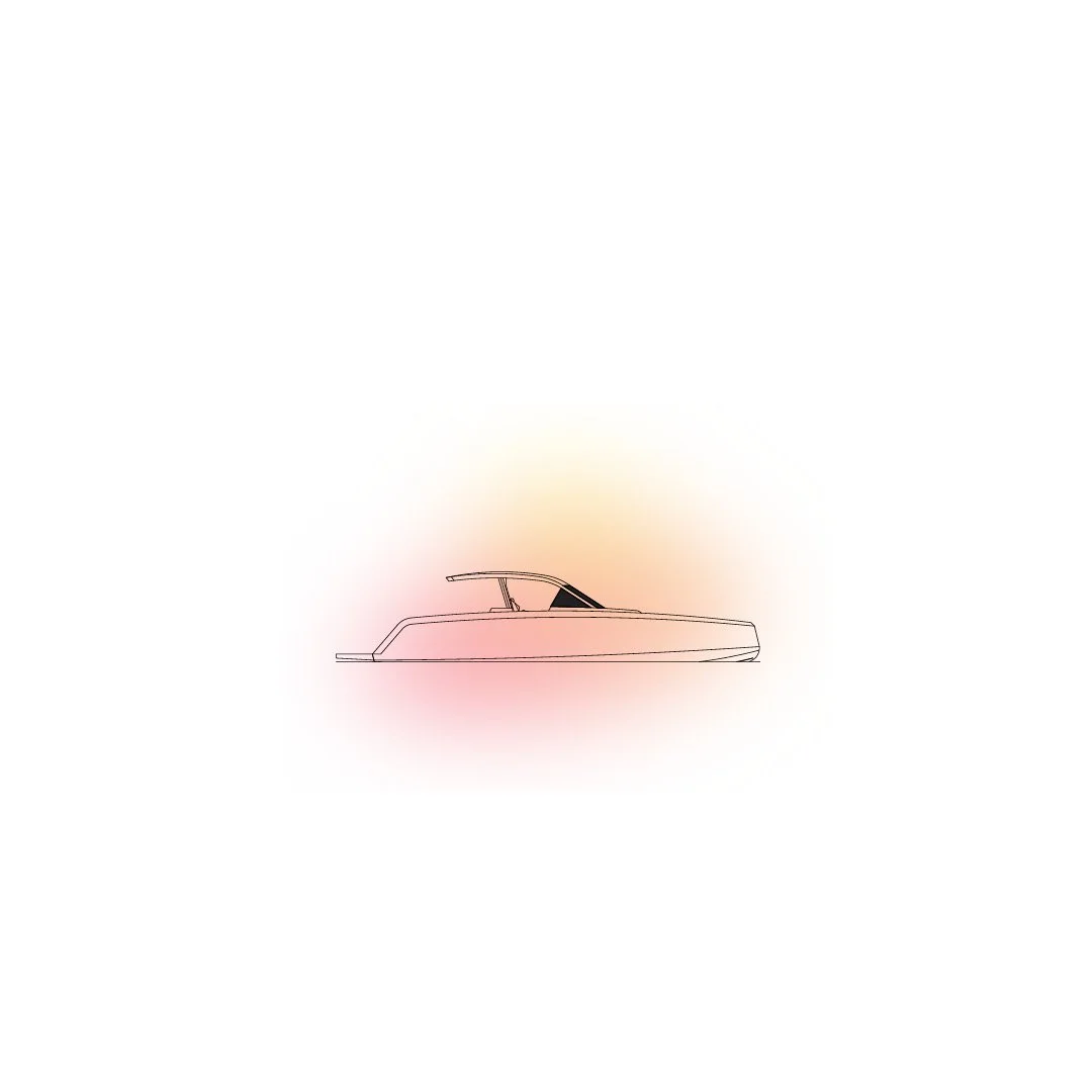 Line drawing of a speedboat with a canopy, set against a blurred pastel background.