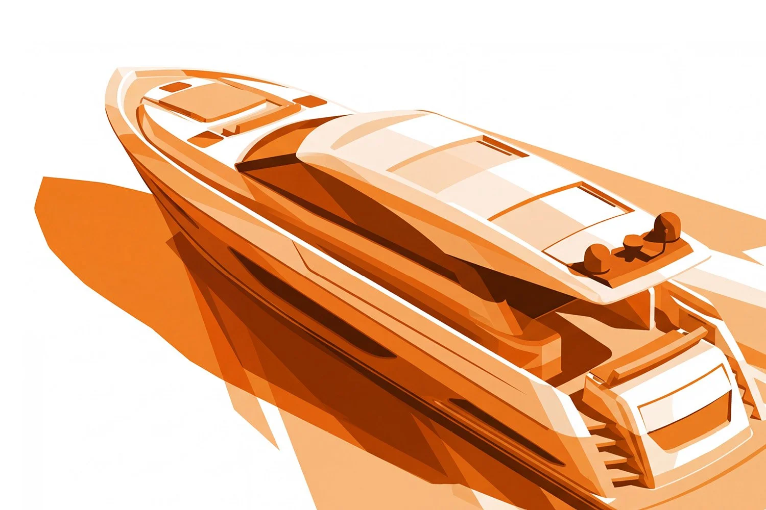 A stylized digital illustration of a luxurious yacht in shades of orange and white, viewed from an elevated angle.