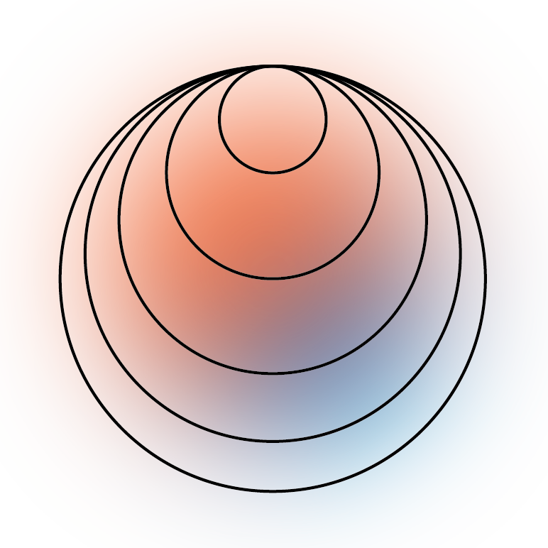 A colorful abstract digital design with concentric circles and gradient background in shades of orange, blue, purple, and pink.