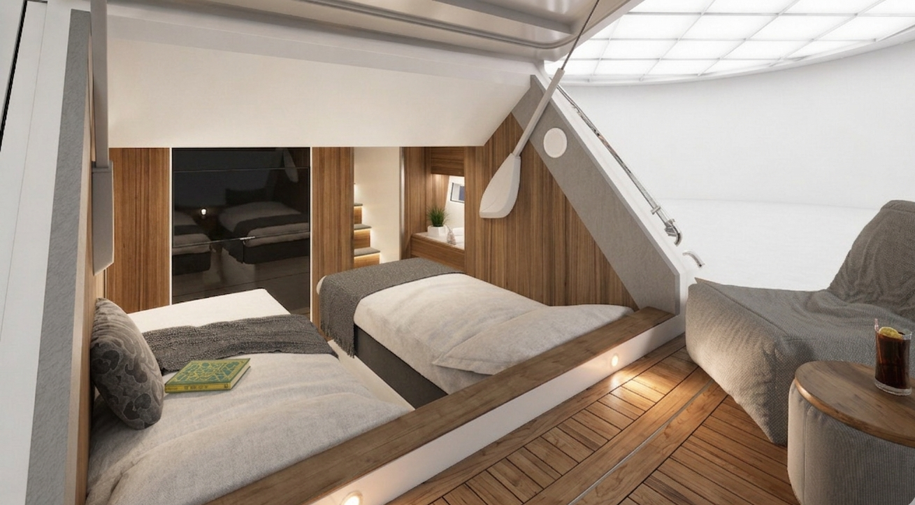 A cozy attic bedroom with two beds, a small sitting area, and wooden accents.
