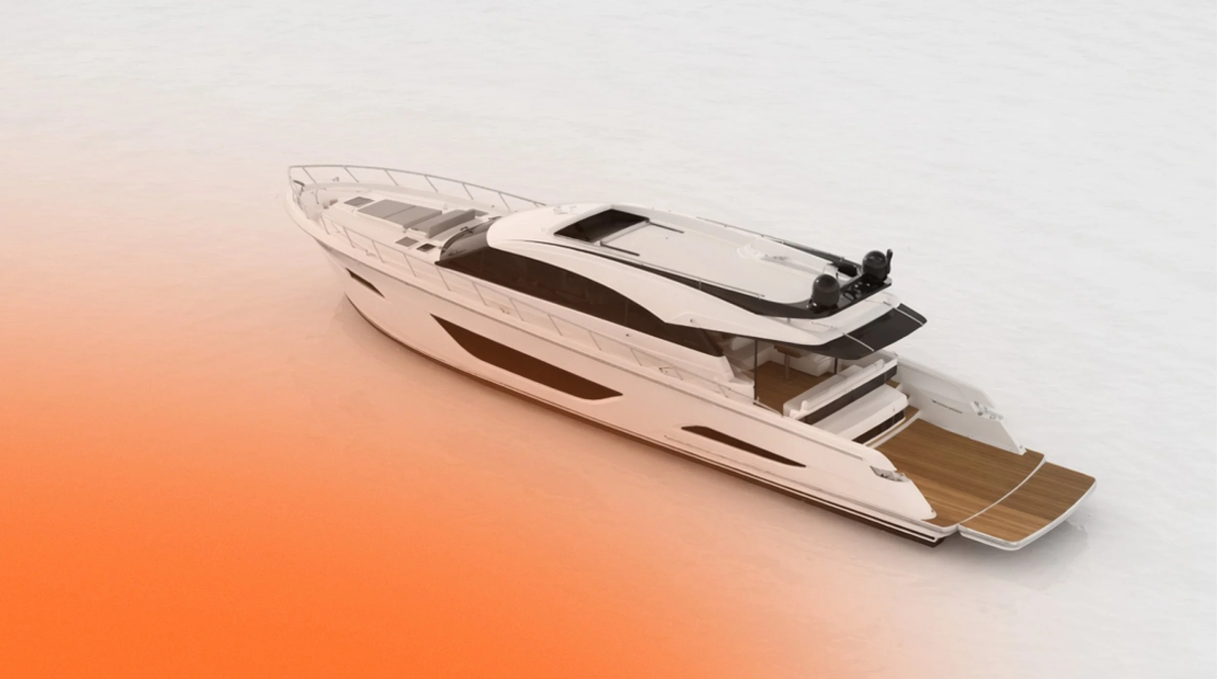 Luxury white yacht with black accents on water against a pale, calm background.