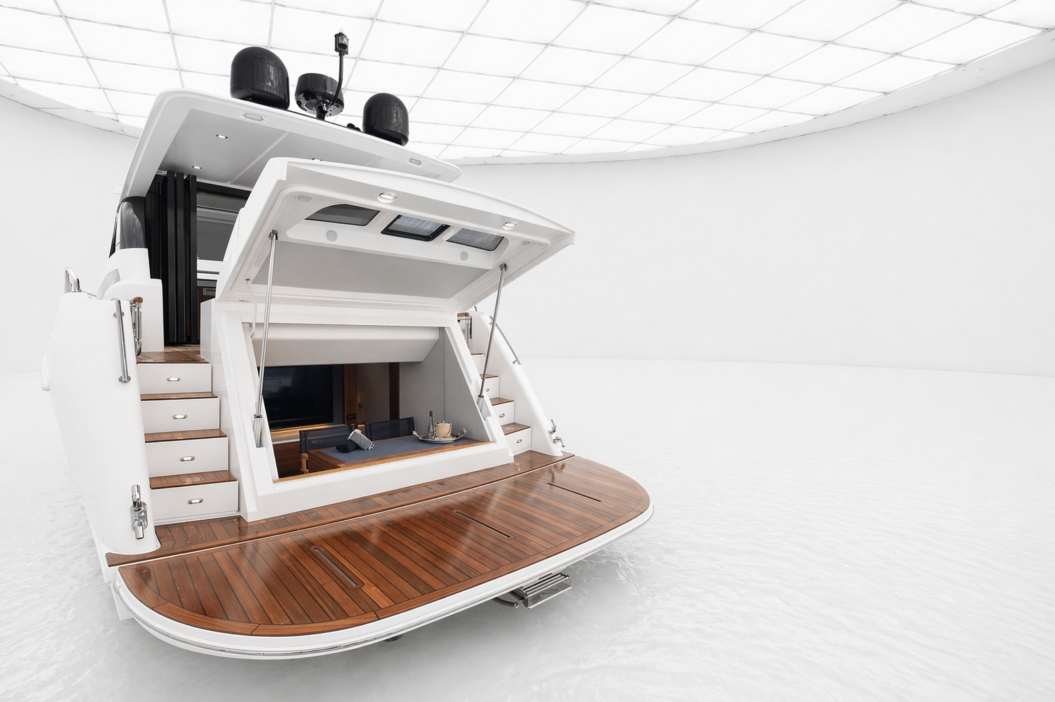 Maritimo concept luxury yacht with an open upper deck, stairs leading down to a partially enclosed lower deck, in a white, minimalistic environment.