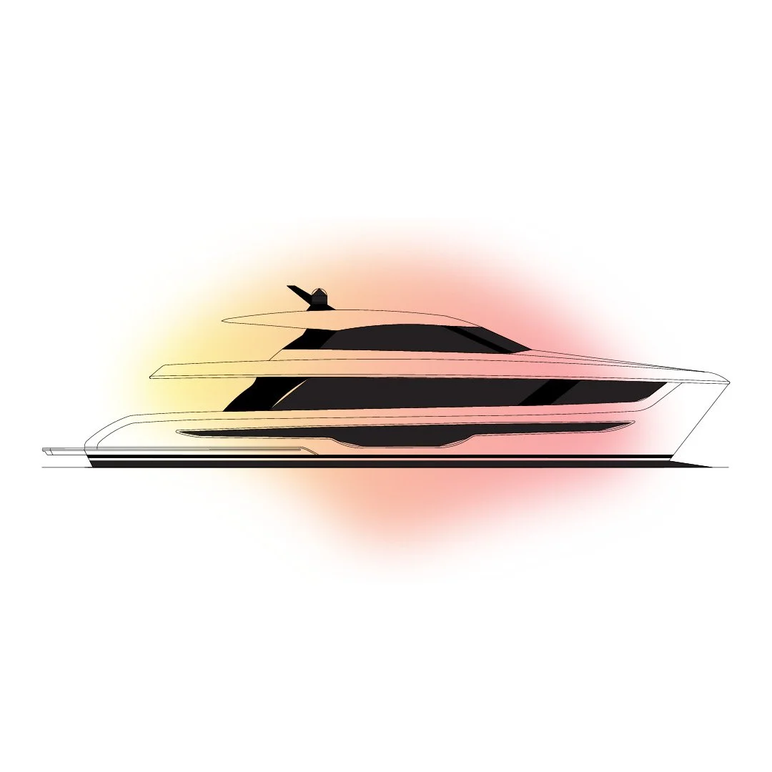A digital illustration of a luxury yacht with sleek black and white design, floating on calm water with a subtle gradient background.