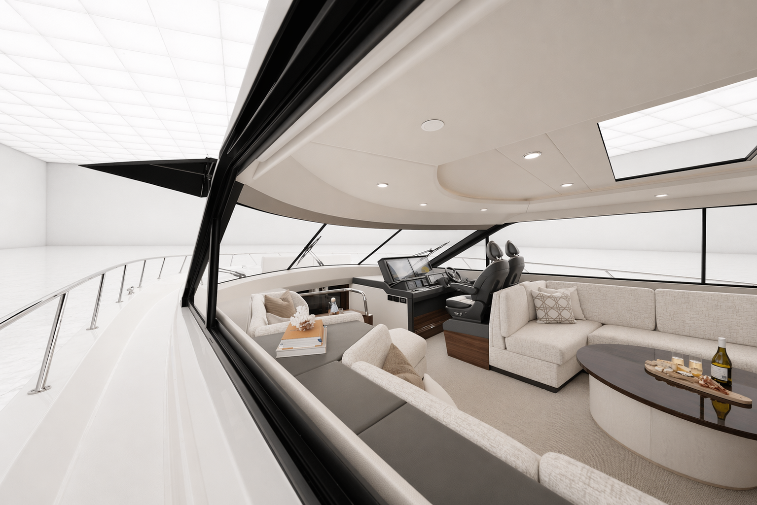 Interior of a luxury yacht yacht's helm and seating area with beige sofas, a table with a bottle and glasses, and a captain's chair with navigation controls.