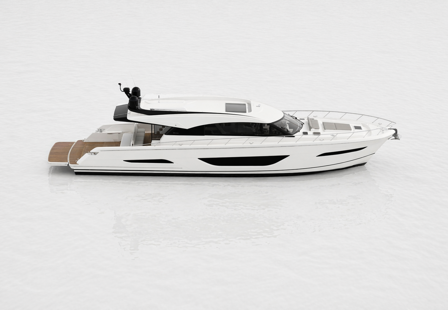 Maritimo luxury motoryacht on calm water, viewed from above.