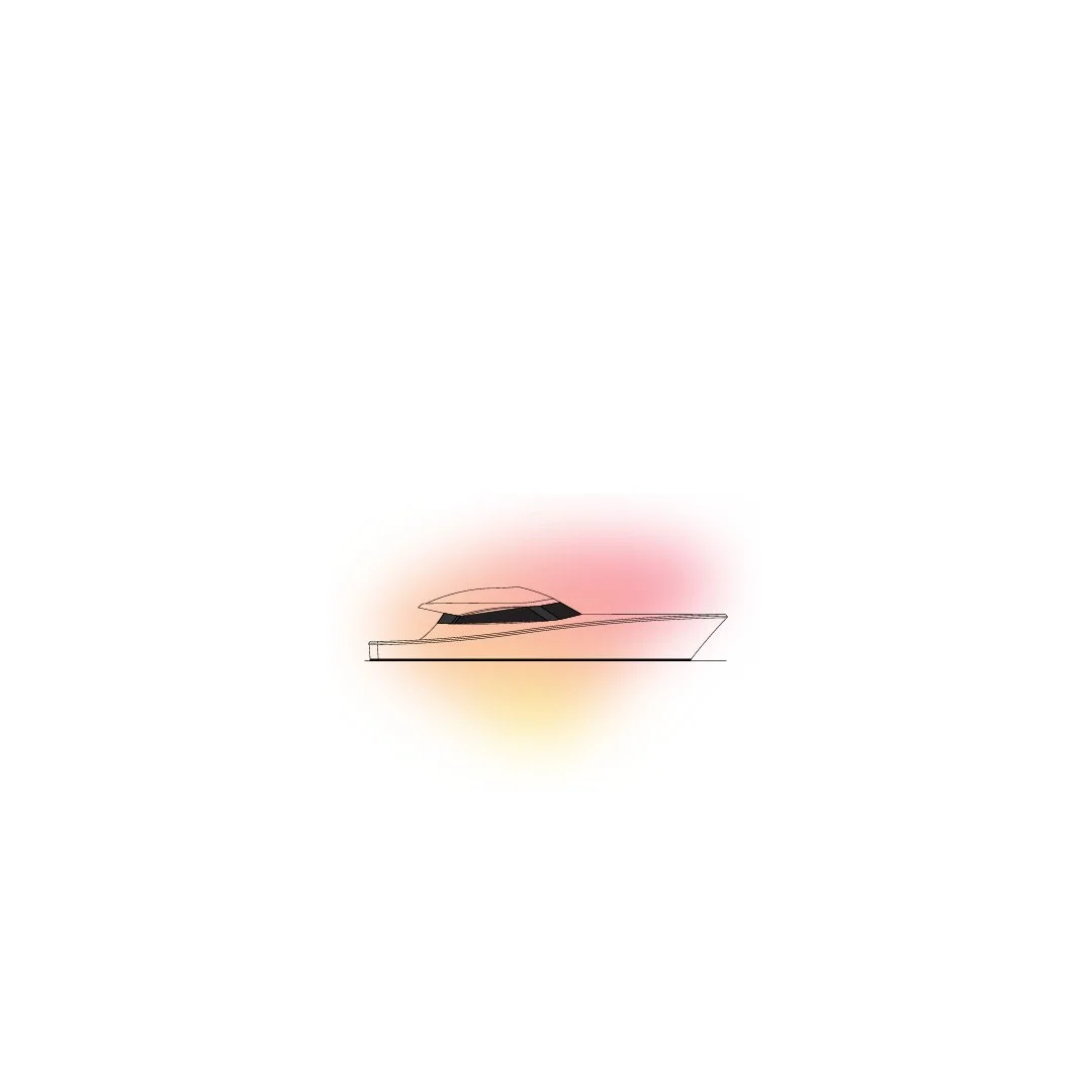 A digital sketch of a yacht with a pink and orange gradient background