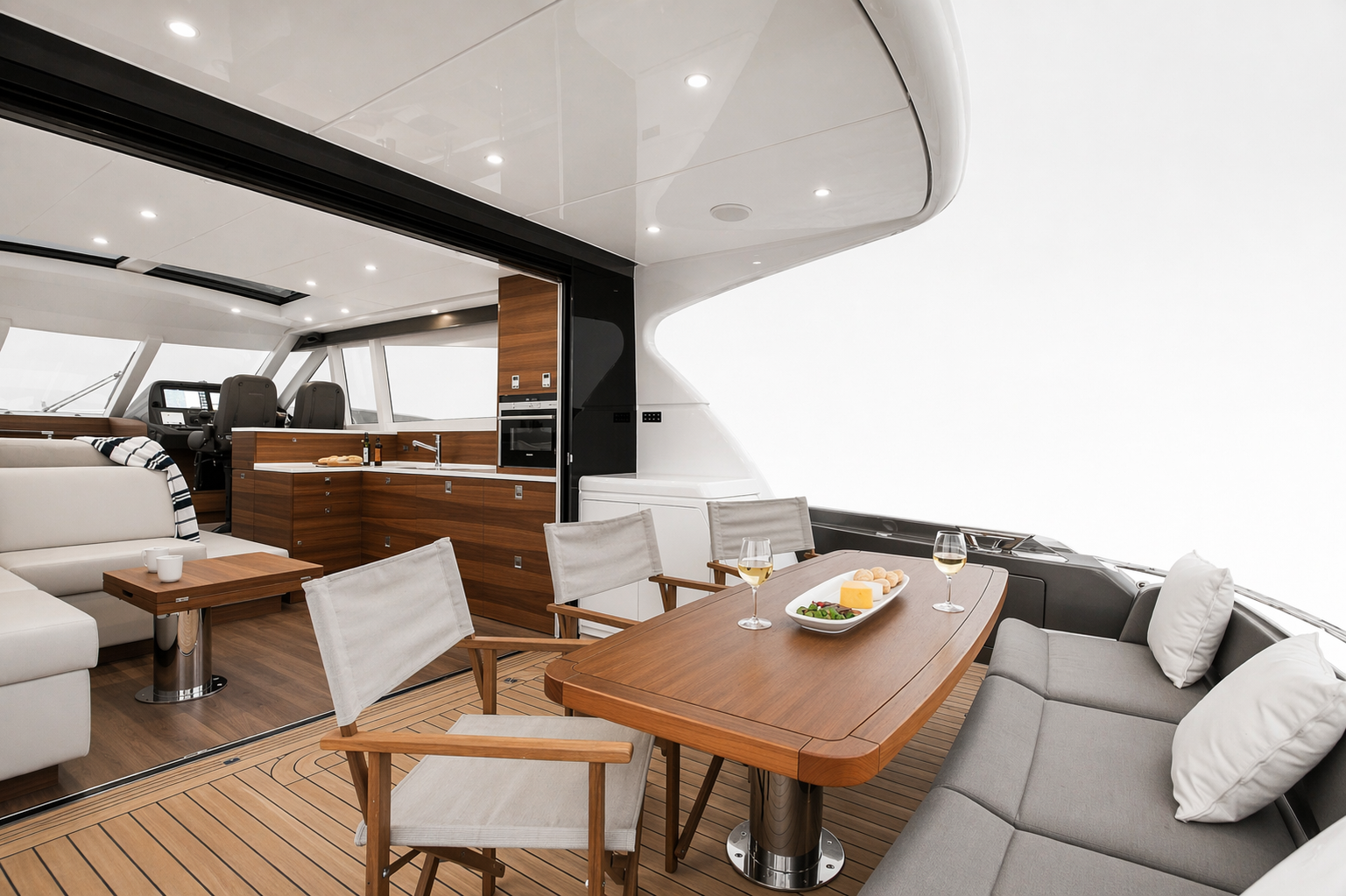 Interior of a yacht with a dining area, bar, and seating, featuring wooden furniture, modern decor, and a panoramic view.