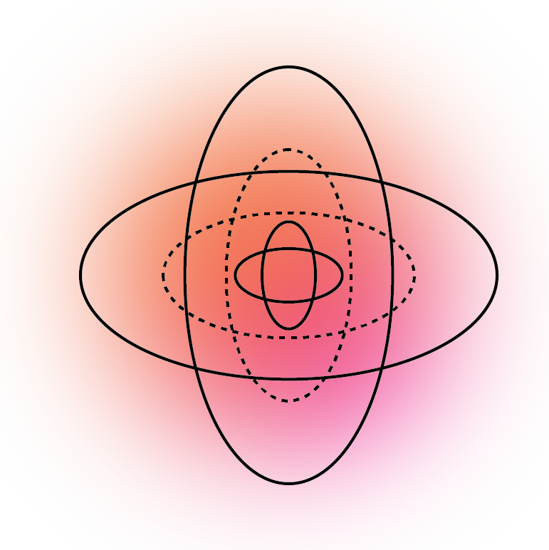 Abstract geometric design with black elliptical and circular lines on a pink and orange gradient background.