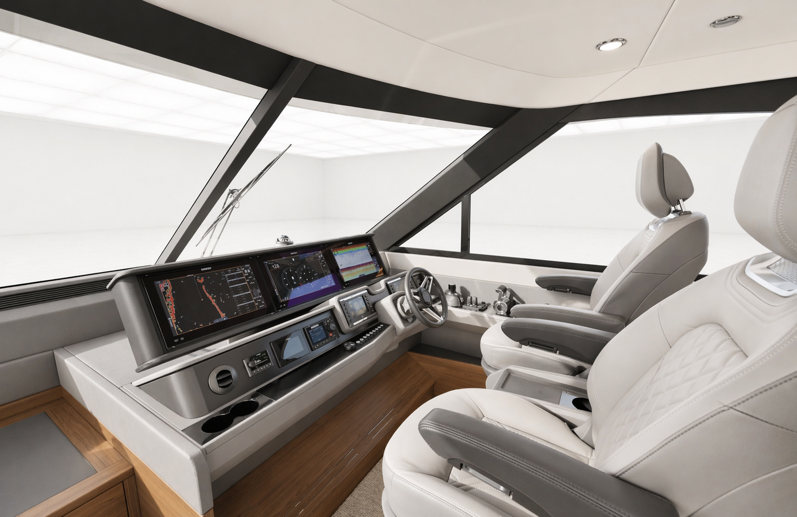 The interior of a modern boat or yacht cockpit with white leather seats, multiple digital displays, and navigational controls.