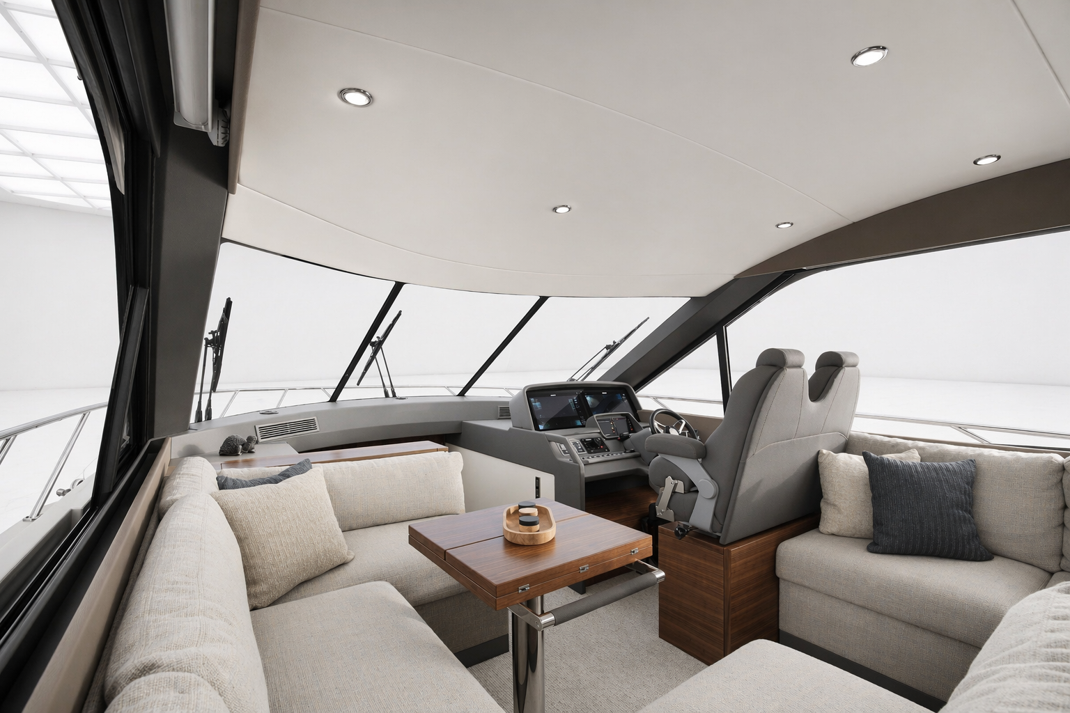Interior of a yacht's helm station with beige sofas, a wooden table, and a captain's chair with control panels and navigation screens inside the helm console.