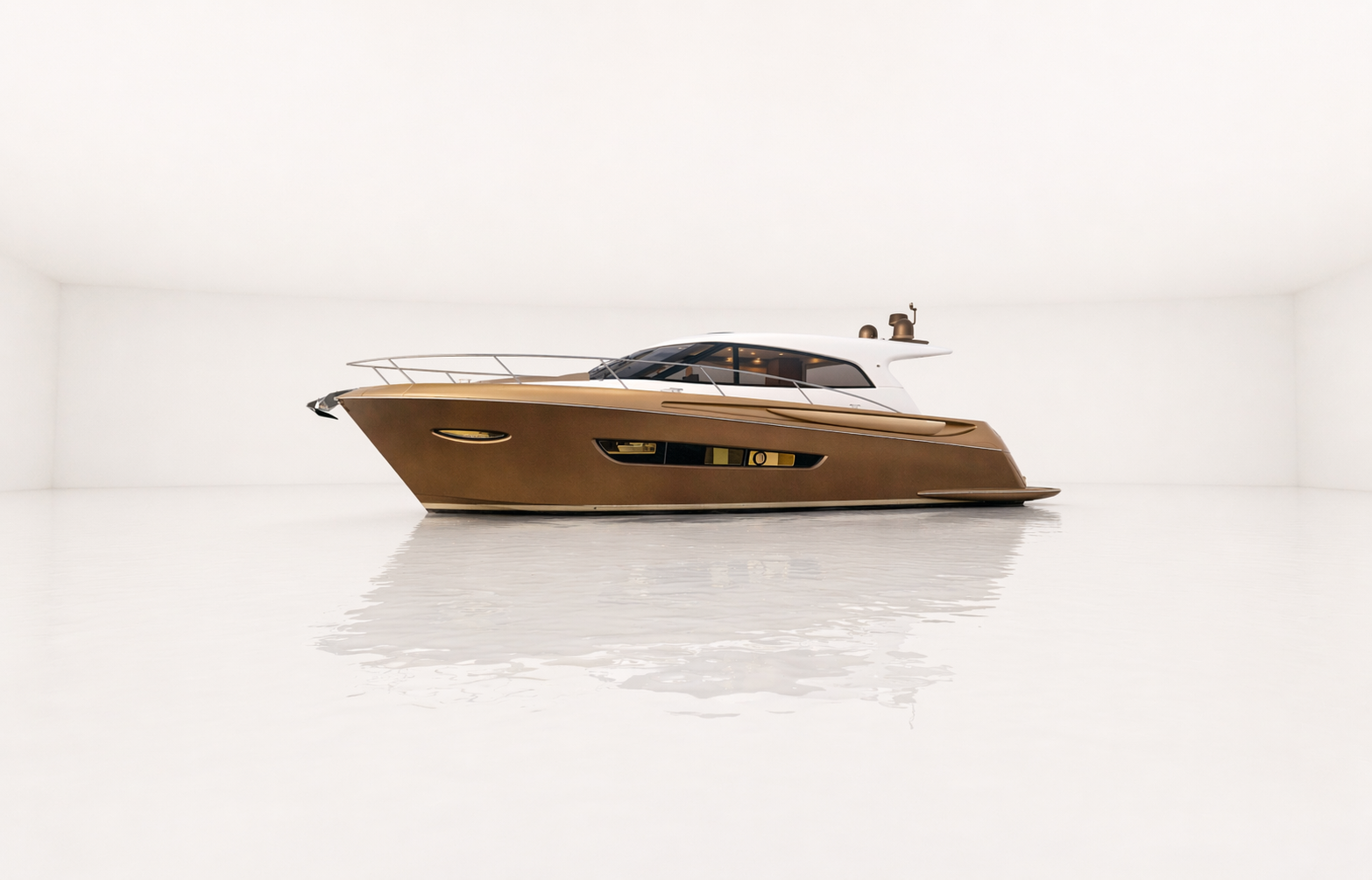 A luxury yacht with a white upper structure and a bronze-colored hull, floating in a minimalist white room with smooth water reflection.