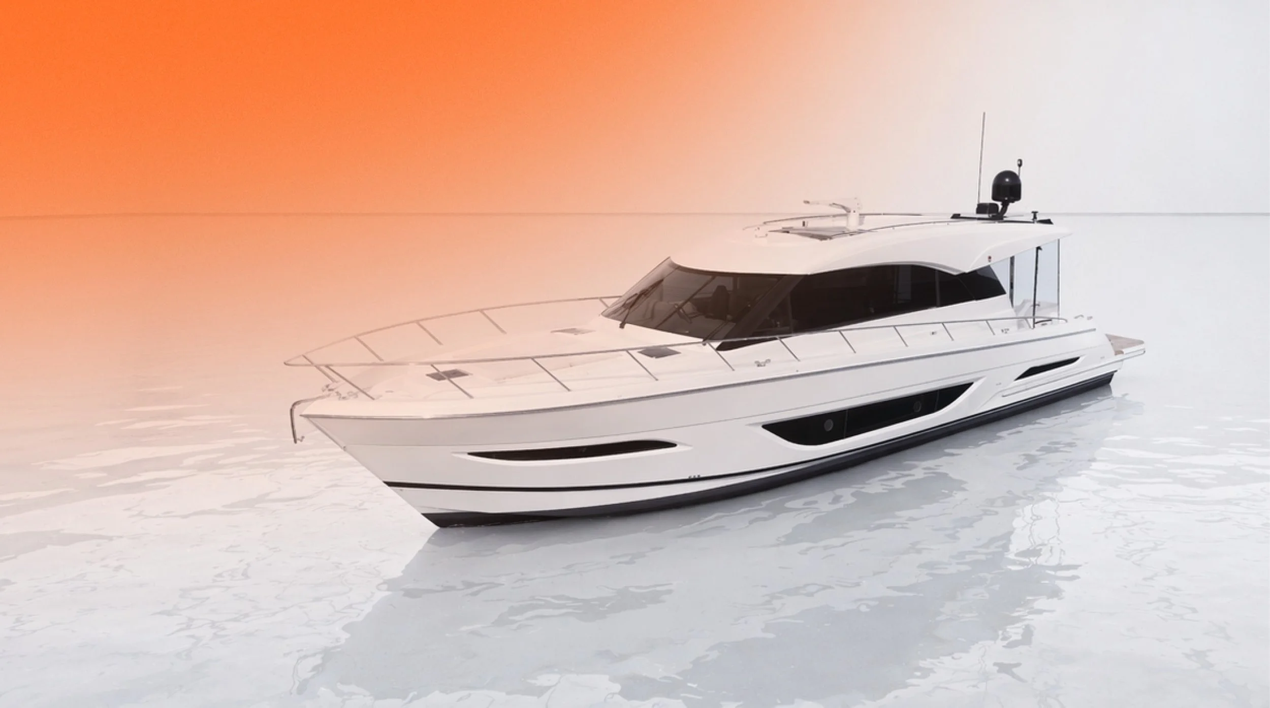 A white yacht floating on water with a gradient orange to white sky in the background.