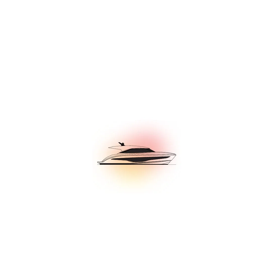 A digital sketch of a luxury yacht with sleek, aerodynamic design, black tinted windows, and a raised deck area, set against a soft background with pastel hues.