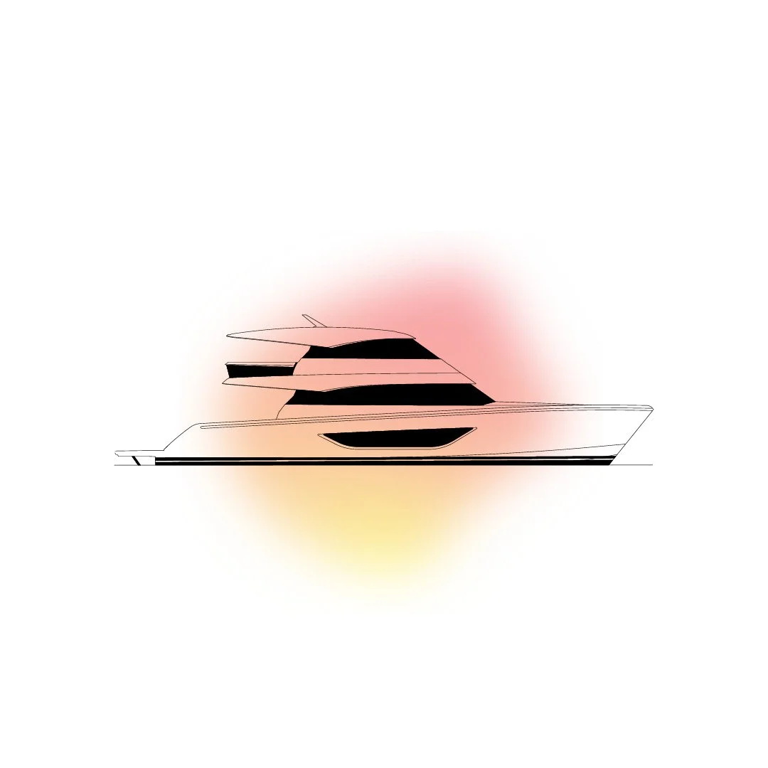 Line drawing of a modern yacht with a pink and yellow gradient glow behind it.