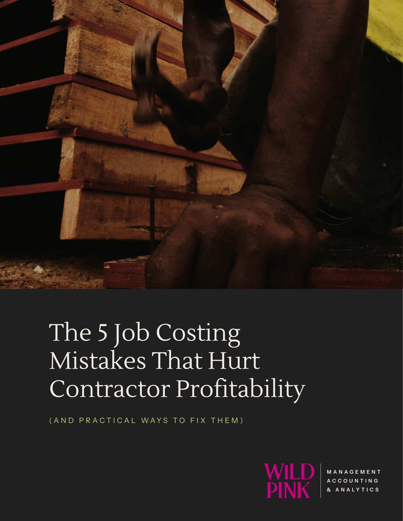 Close-up of a carpenter's hand working with wood, with a nail in the unfinished wood surface.