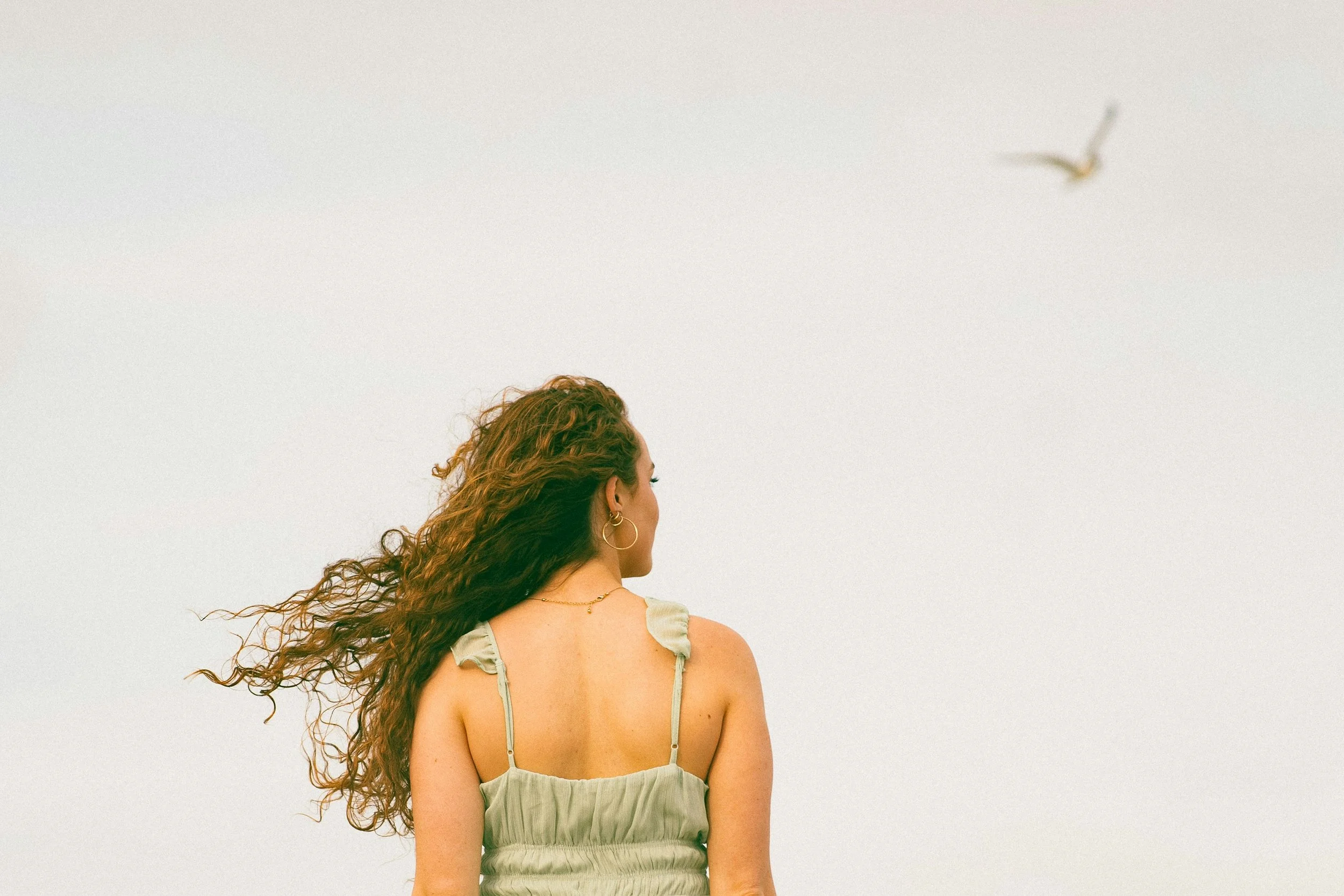 A woman with long hair blowing in the wind stands with her back to the camera, wearing a sage green sundress, gazing toward a pale overcast sky with a single bird in flight above her.