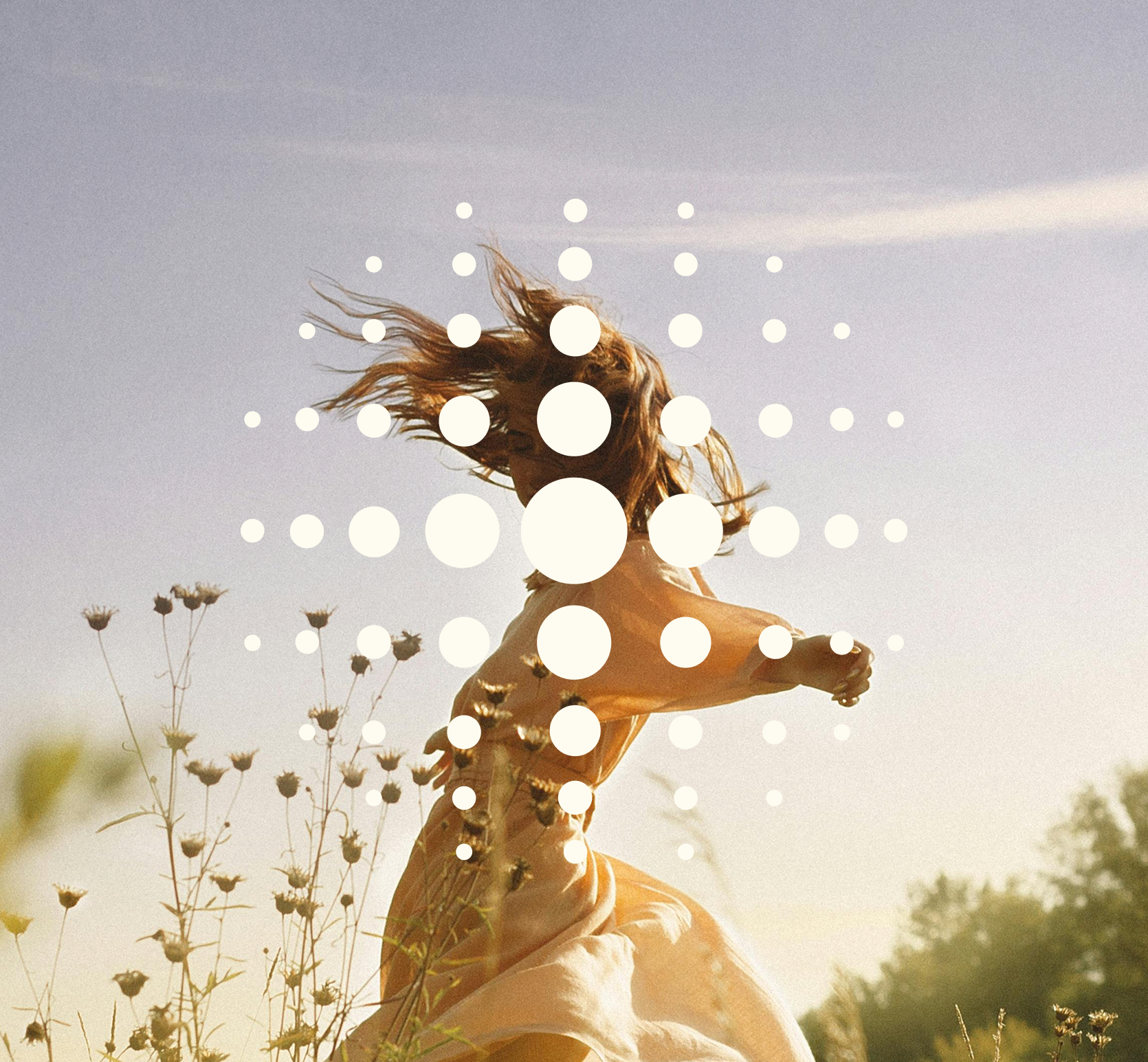 A woman in a flowing golden dress leaps joyfully in a sunlit wildflower field, her hair fanning in the air. The CenterSource brand dot motif is overlaid across the image in white circles of varying sizes.