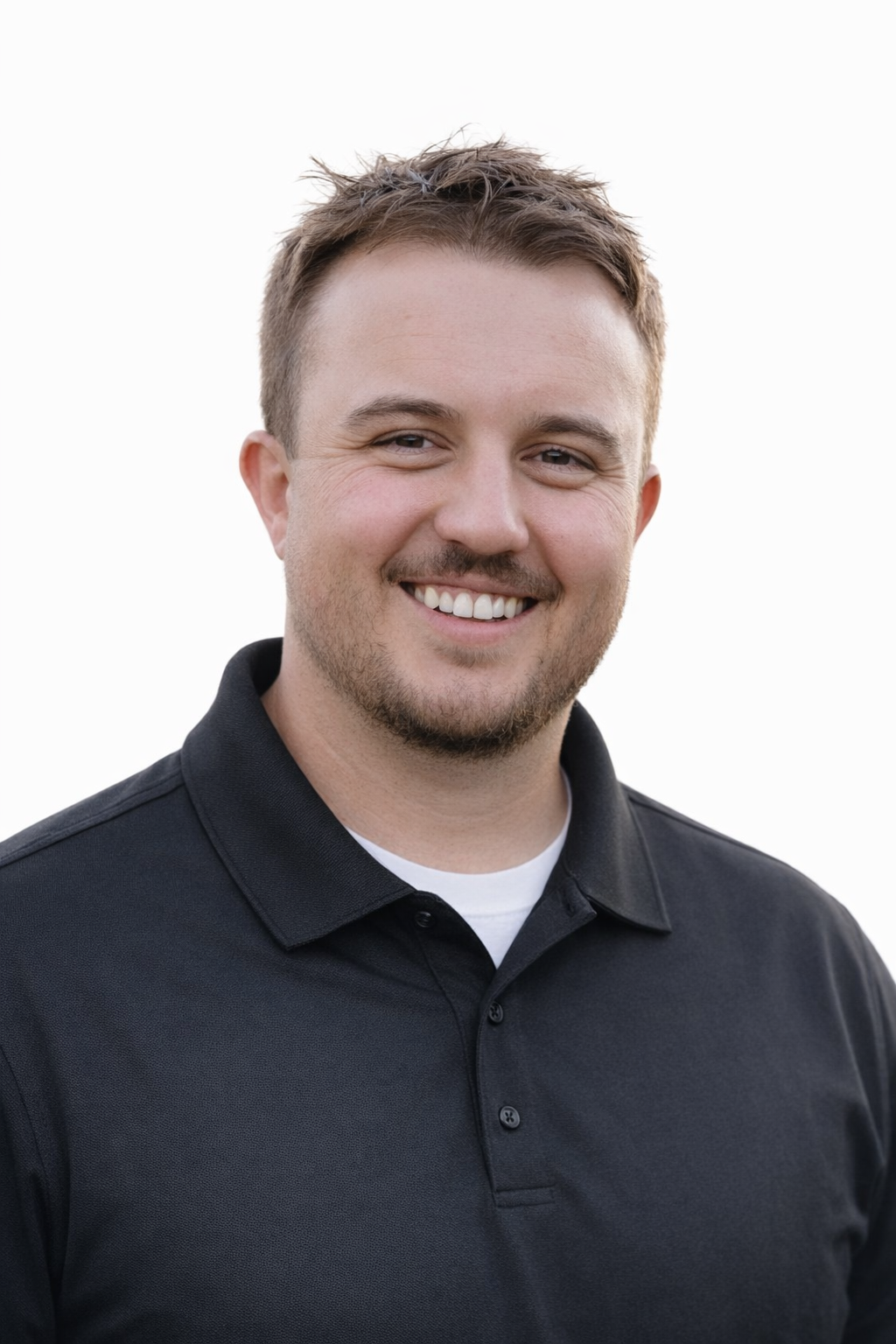Headshot of a smiling young man with short brown hair, wearing a black collared shirt, against a plain white background.