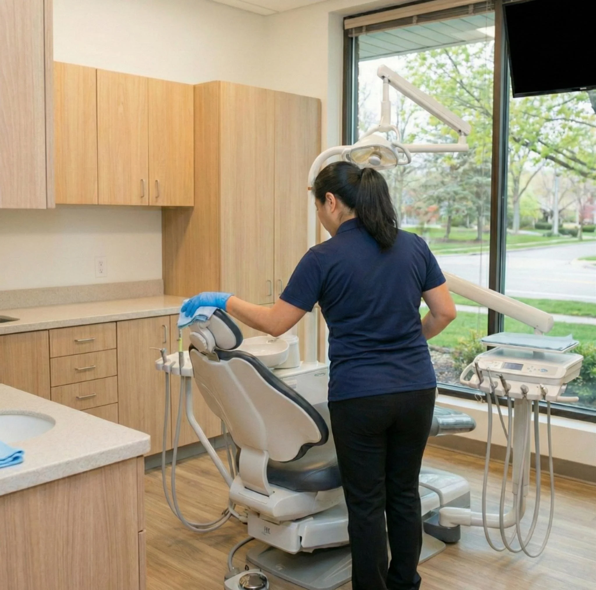 Professional cleaner disinfecting a dental chair and equipment in a dental office as part of medical facility cleaning services.