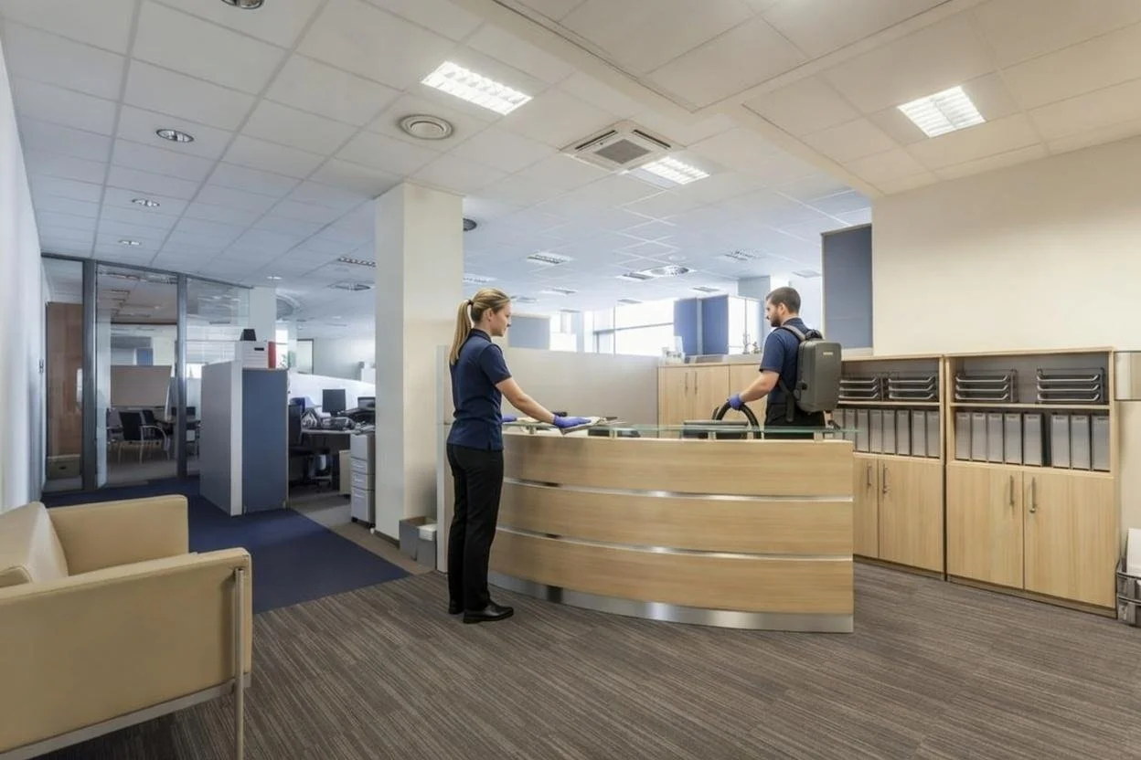 Janitorial team cleaning a modern office reception desk and lobby area after business hours.